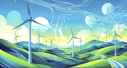 Abstract wallpaper illustration of interconnected wind turbines, represented by flowing lines and