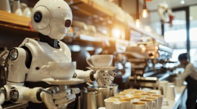 A robot servicing drinks in cafe. Robot artificial intelligence AI takeover. Job replacement, AI