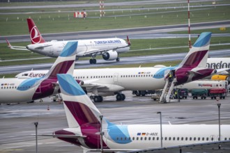 Düsseldorf Airport, Eurowings aircraft on the apron, Turkish Airlines Airbus on the taxiway for