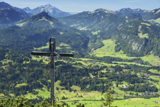 Panorama from Schattenbergkreuz, 1692m, near Oberstdorf into Rohrmoostal, Allgaeu, Bavaria,