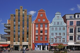 Old and modern house facades in Kröpeliner Strasse, Rostock, Mecklenburg-Vorpommern, Germany,