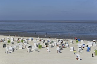 View over the beach with beach chairs, blue sky, North Sea, Norddeich, Lower Saxony, Germany,