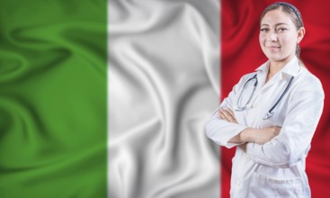 Female doctor on Italy flag. Doctor with crossed arms on Italy flag. Italy Health and Care concept