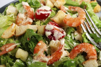 Caesar salad, with shrimp, on a marble background, top view, no people