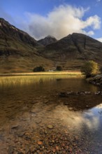 Mountains reflected in loch, evening light, cloudy mood, Achnambeithach Cottage, Loch Achtriochtan,