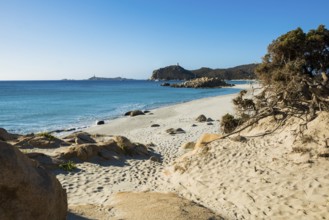 Lonely beach and rocks, Spiaggia di Porto Giunco, Villasimius, south coast, Sardinia, Italy, Europe