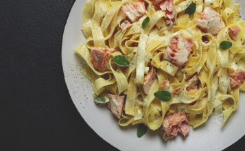 Tagliatelle pasta, in cream sauce with salmon, homemade, no people