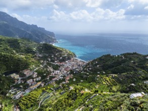 View from Ravello from a drone, Amalfi Coast, Tyrrhenian Sea, Salerno, Campania, Italy, Europe