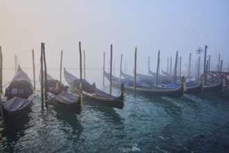 View from 'Colonna di San Marco e San Teodoro' on the gondolas lying in the water at sunrise in