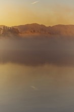 Autumnal morning atmosphere at Schmutter Weiher with fog near Lechbruck, Halblech and Roßhaupten in