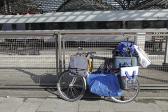 Fully loaded bicycle of a homeless man, Cologne, North Rhine-Westphalia, Germany, Europe