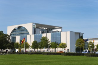 The modern building of the Federal Chancellery in Berlin under a blue sky, Federal Chancellery,