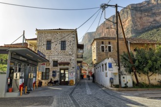 Town centre with petrol station, small town Leonidi, Leonidio, Arcadia, Peloponnese, Greece, Europe