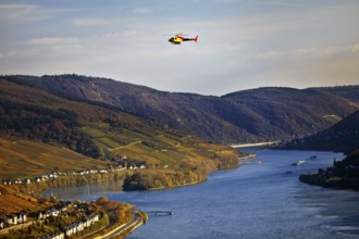 Elevated view of the Rhine from a helicopter over Lorch, Upper Middle Rhine Valley, Hesse, Germany,