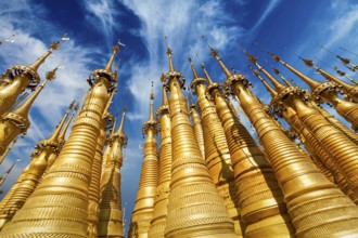 Golden stupas in Shwe Indein Pagoda, Inle lake, Myanmar, Asia