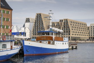 Boat anchored in Nyhavn in the Frederiksstaden district, in the background contemporary