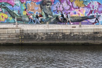 God of Greek mythology, Zeus, large graffiti on building fence, quay, harbour, Gothenburg, Västra