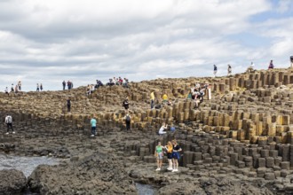 Groups of people on an impressive rock formation on the coast, Giant Causeway