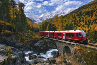 Rhaetian Railway RhB crossing a mountain stream over a stone bridge, behind it autumn-coloured Val