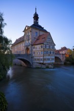 Upper Bridge, Old Town Hall, Regnitz, historic old town, blue hour, evening mood, Bamberg, Upper