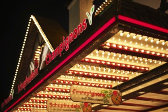 Night shot of sales stand, mushrooms, Schupfnudeln, advertising, neon lighting, Cannstatter Wasen,