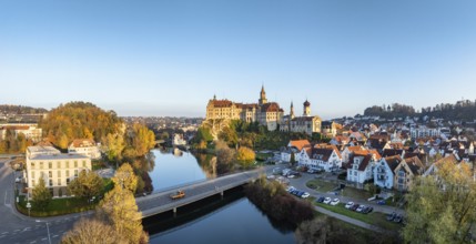 Aerial view, panorama of the town of Sigmaringen with the Hohenzollern castle, a sight and tourist