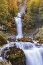 A rushing waterfall in autumn forest with vibrant colours, Giesbach waterfalls, Lake Brienz,