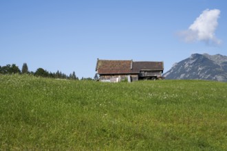 Stadel on the mountain meadow, behind Karwendel Mountains, Alps, Mittenwald, Werdenfelser Land,