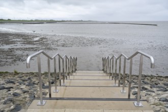 Steps to the North Sea, low tide, Lower Saxony Wadden Sea National Park, Norddeich, East Frisia,