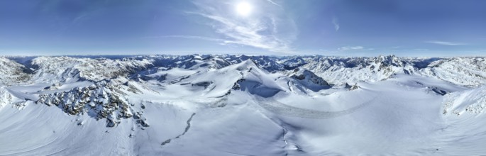 Cevedale summit, Alpine panorama, Aerial view, Snow-covered mountain landscape, Ortler group,