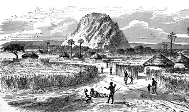 Africa, Marghi village on Lake Chad, Central Africa, in 1870, Historical, digital reproduction of