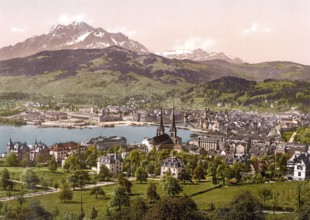 Pilatus and Lucerne, seen from Drei Linden, Lucerne, Switzerland, Historic, digitally restored