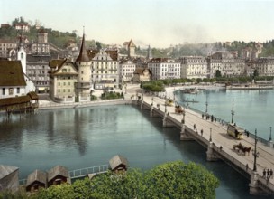 The Schweizerhofquai and the Neue Bruecke, Lucerne, Switzerland, Historical, digitally restored