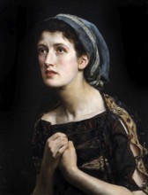 A woman wearing a headscarf holds her hands folded, looking upwards pensively, with a dark