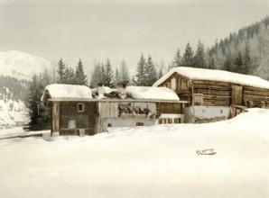 Winter landscape in Graubünden, Switzerland, Historical, digitally restored reproduction from a