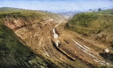 Panama Canal from the west bank, excavation, workers with shovels at work, around 1885, Panama,