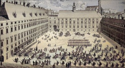 Parade and march at lunchtime on the Burgplatz of the Imperial Castle in Vienna, Austria, digital