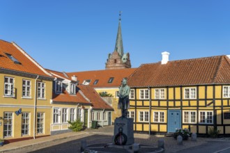 Gaasetorvet square with statue of physicist Hans Christian Örsted in the centre of Rudköbing,