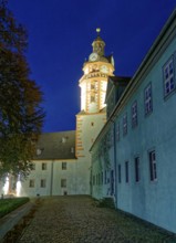 Ehrenstein Castle, a well-preserved Renaissance castle, illuminated at dusk. Ohrdruf, Thuringia,