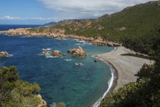 Red rocks and secluded beach, Spiaggia di Tinnari, Costa Paradiso, Sardinia, Italy, Europe