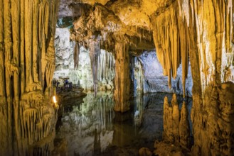 Huge stalactites and underground lake, stalactite cave, Grotta di Nettuno, Neptune Grotto, Capo