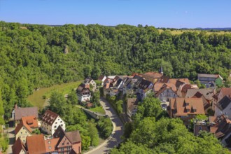 View of Haigerloch, lower town, Eyach valley, houses, roofs, rocky town, baroque gem, Haigerloch,