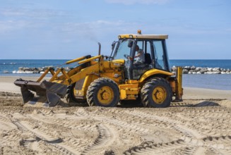 Repair of beach before the tourist season in Pesaro, Marche region, Italy, Southern Europe, Europe