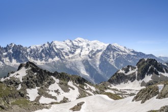 Mountain landscape with snowfield, view of mountain peak Mont Blanc, Mont Blanc massif, Aiguilles