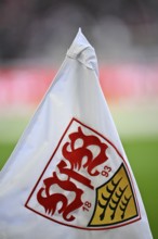 Corner flag VfB Stuttgart logo, MHPArena, MHP Arena Stuttgart, Baden-Württemberg, Germany, Europe