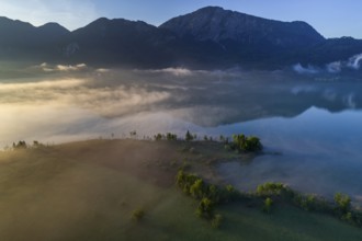 Aerial view of a lake in front of mountains, morning light, Lake Kochel, foothills of the Alps,