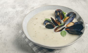 Chowder cream soup with mussels, American cuisine, homemade, no people