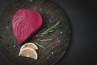 Fresh red tuna fillet, for steak, raw, top view, on a cutting board, no people