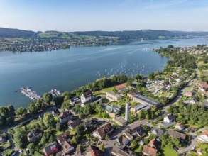 Aerial view of the municipality of Hemmenhofen on the Höri peninsula with the marina, jetty,