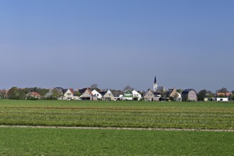 Village view with 600 year old Hoornder church, reformed church, Den Hoorn, Texel, Holland,